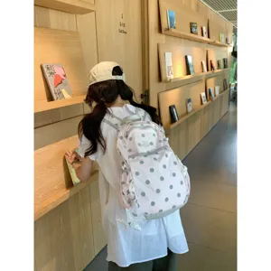 Korean ins style pink polka dot backpack detail view, cute lightweight student school bag