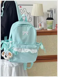 Zaino scolastico verde menta chiaro grazioso con fiocco e volant per ragazze adolescenti