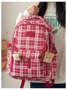 Retro red and white plaid school backpack, large capacity casual daypack for daily use.