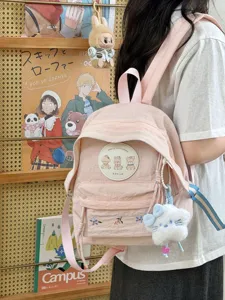Mochila escolar rosa de lona estilo japonés para estudiantes, bolso casual con parche de oso.