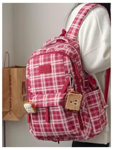 Vintage plaid school backpack large capacity student book bag with cute pendants