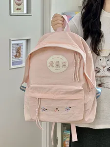 Mochila rosa estilo coreano linda para mujer, mochila informal de universidad con bordado floral.