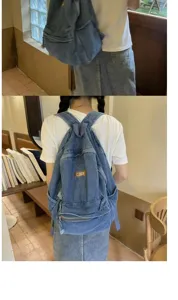 Zaino in denim lavato vintage coreano per donna e uomo, grande borsa scolastica casual.