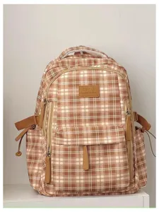 Vintage plaid school backpack for women, Japanese style campus bookbag with large capacity.