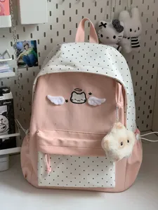 Cute pink polka dot backpack with cat embroidery, aesthetic school bag for teen girls.