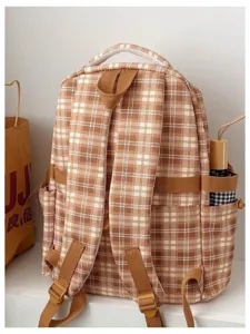 Vintage brown plaid school backpack for women, large capacity casual college style daypack.