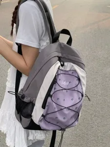 Zaino da esterno in stile coreano colorblock con cordino elastico e grande capacita per studenti.