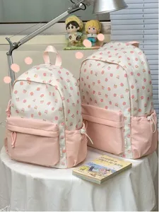 Zaino rosa carino con stampa di fragole per studenti, borsa casual in stile dolce e fresco.