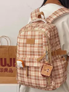 Vintage brown plaid backpack for women school daily use with cute toast plush pendant design