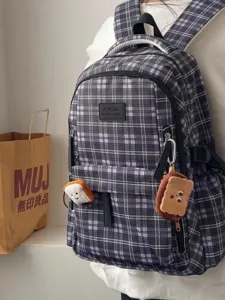 Vintage grey plaid school backpack for women, Japanese style large capacity casual daypack.