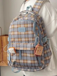 Retro plaid school backpack for women, large capacity college style bag with cute toast pendant.
