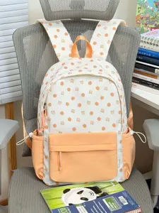 Zaino da studente coreano carino dettaglio, bianco con motivo di frutta arancione, borsa versatile.