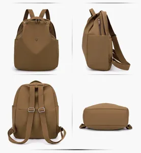 Detail view of the lightweight brown nylon backpack, showing multiple angles, straps and pockets.
