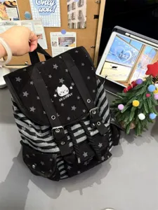 Zaino gatto a righe carino con stelle, borsa casual in velluto a coste per ragazze e viaggi.