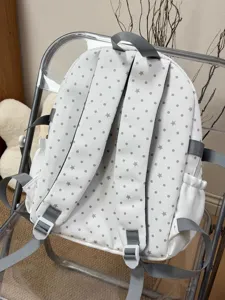 Zaino bianco stile coreano con pois e stelle grigie, borsa casual per viaggi scuola donna.