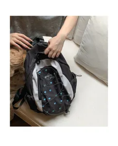 Korean style contrast color backpack with blue hearts large capacity casual school bag for women