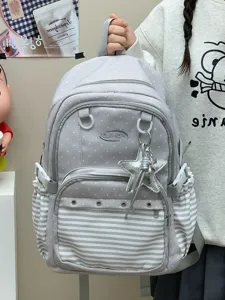Zaino scolastico grigio a pois e righe stile coreano per donne, grande capacità leggero.