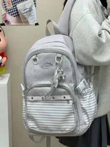 Zaino scolastico a pois e righe stile coreano grigio per studenti con grande capienza.