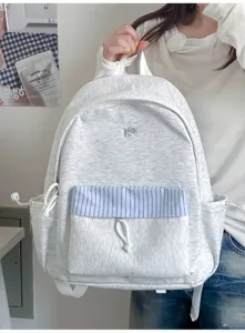 Zaino in tela in stile coreano borsa da scuola casual con tasca a righe blu grande.