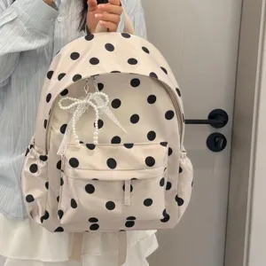 Korean style polka dot lightweight backpack cute school bag with pearl lace bow pendant casual