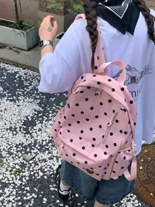 Zaino rosa a pois da donna, grazioso zainetto casual per la scuola con grande capacità.