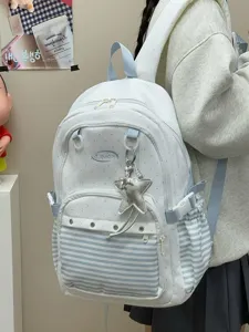 Zaino scolastico stile coreano a righe e pois bianchi con ciondolo a stella per ragazze.