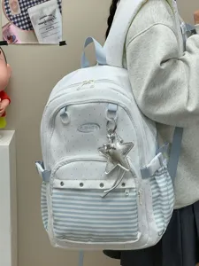 Zaino stile college coreano con pois e righe blu, spazioso zainetto casual per studenti.
