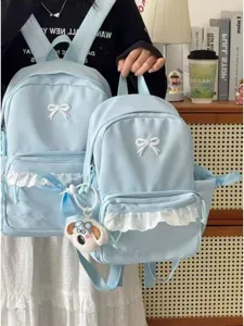 Zaino carino blu chiaro per donne e ragazze, dolce borsa scolastica con fiocco e pizzo.