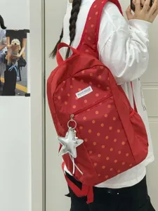 Mochila escolar de lunares estilo coreano rojo bolsa de viaje casual gran capacidad