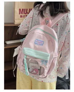 Détails du sac ita rose mignon avec nœud et fenêtre transparente pour badges de grande capacité.