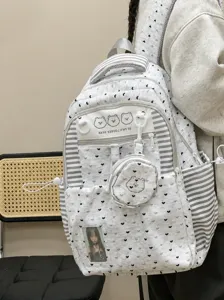Korean style cute student backpack for teen girls, light grey heart pattern school bag with pouch.