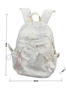 Zaino in tela con stampa di stelle e tasca itabag trasparente con patta a orecchie per ragazze.