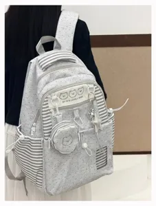 Korean style grey polka dot backpack for school students lightweight cute casual daypack