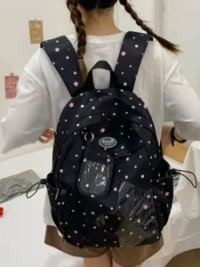 Zaino casual nero con stelle colorate e tasche trasparenti per la scuola quotidiana.