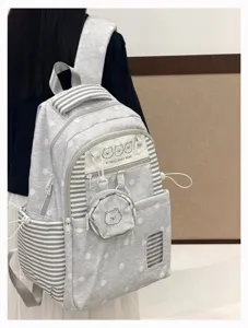 Korean style grey polka dot backpack with cute bear pattern, lightweight student school bag.