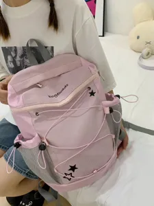 Korean Y2K style pink aesthetic backpack with cute star prints and convenient side mesh pockets.