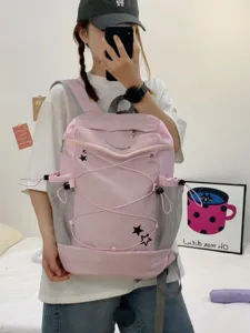 Korean style pink casual backpack with mesh side pockets and cute star print for daily commuting.