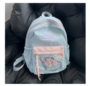 Sac à dos ita bleu pastel mignon avec fenêtre transparente, broderie nœud et grande capacité.