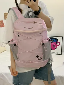 Korean style pink millennial backpack with mesh side pockets for school and casual daily use.