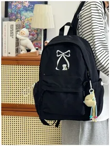 Zaino nero elegante con fiocco per studenti grande capacità borsa casual da scuola