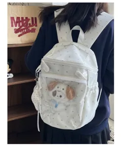 White polka dot ita backpack with clear window for cute plush dolls, casual student daypack.