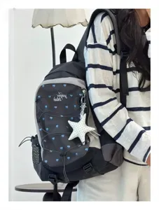 Rucksack Detailansicht mit Fronttasche, blauem Herzmuster und süßem Sternanhänger.