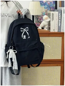 Zaino nero in tela stile coreano con grazioso fiocco e orsetto, grande capacità.