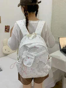 Zaino bianco carino in stile giapponese con stelle colorate, grande borsa per la scuola quotidiana.