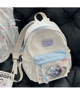 Sac à dos en toile mignon blanc et bleu avec fenêtre itabag transparente et grande capacité.