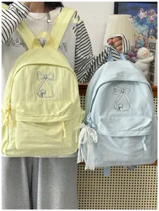 Zaino coreano chic con ricamo di fiocco e cucciolo, borsa casual estetica e graziosa.