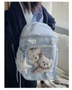 Detailed view of a light blue polka dot ita backpack with clear front pocket and cute bears.