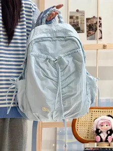 Korean style ruched backpack casual lightweight travel daypack cute blue school bag for women