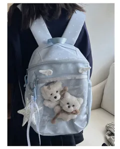 Clear polka dot backpack detail showing transparent pocket with cute plush bears and star pendant.