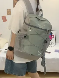 Korean style casual commuter backpack with drawstring and mesh pockets for students.